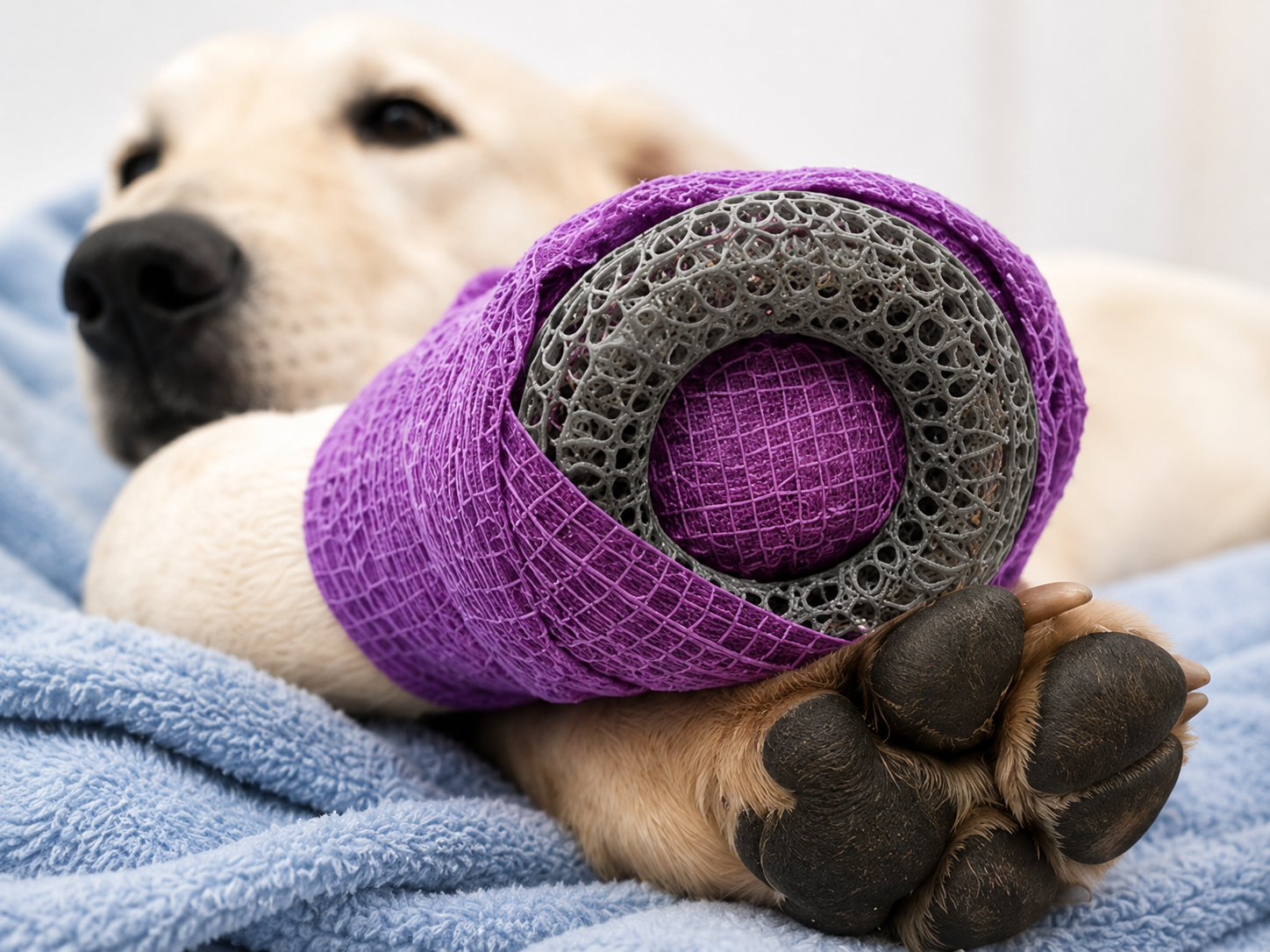 Dog resting comfortably with a WIMBA Wound Care donut spacer protecting its paw